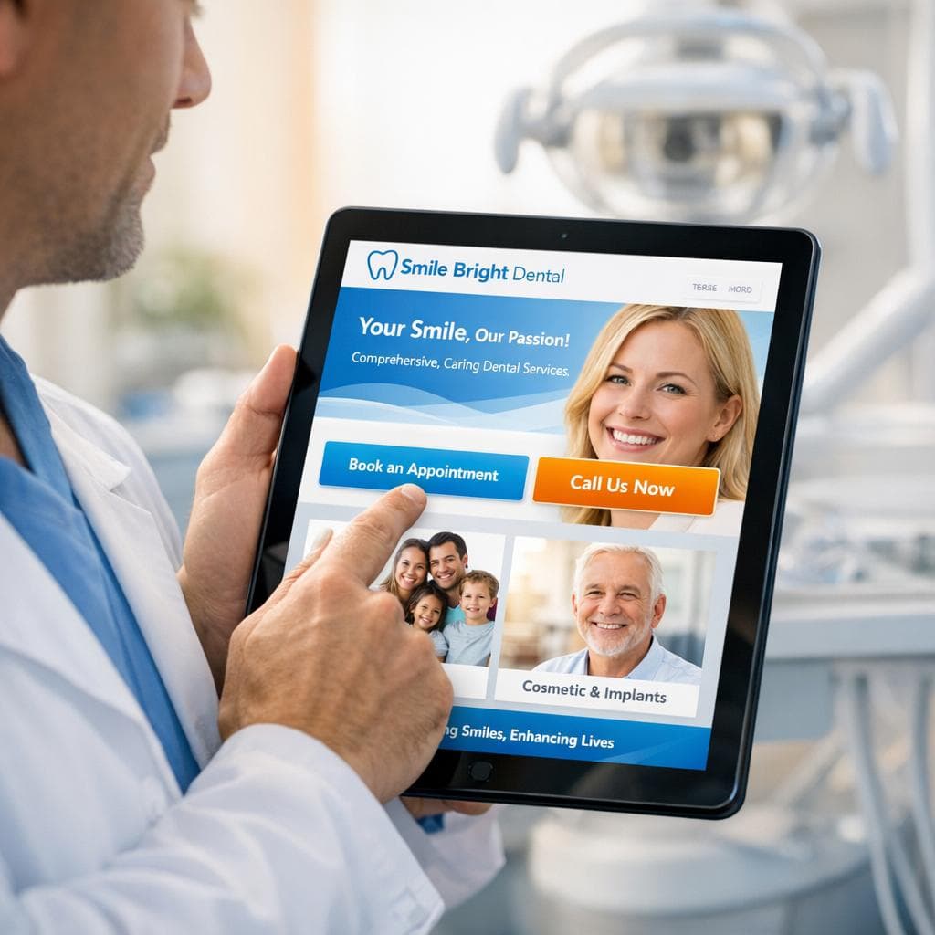 Dentist reviewing a dental practice website with prominent appointment and call options on a tablet