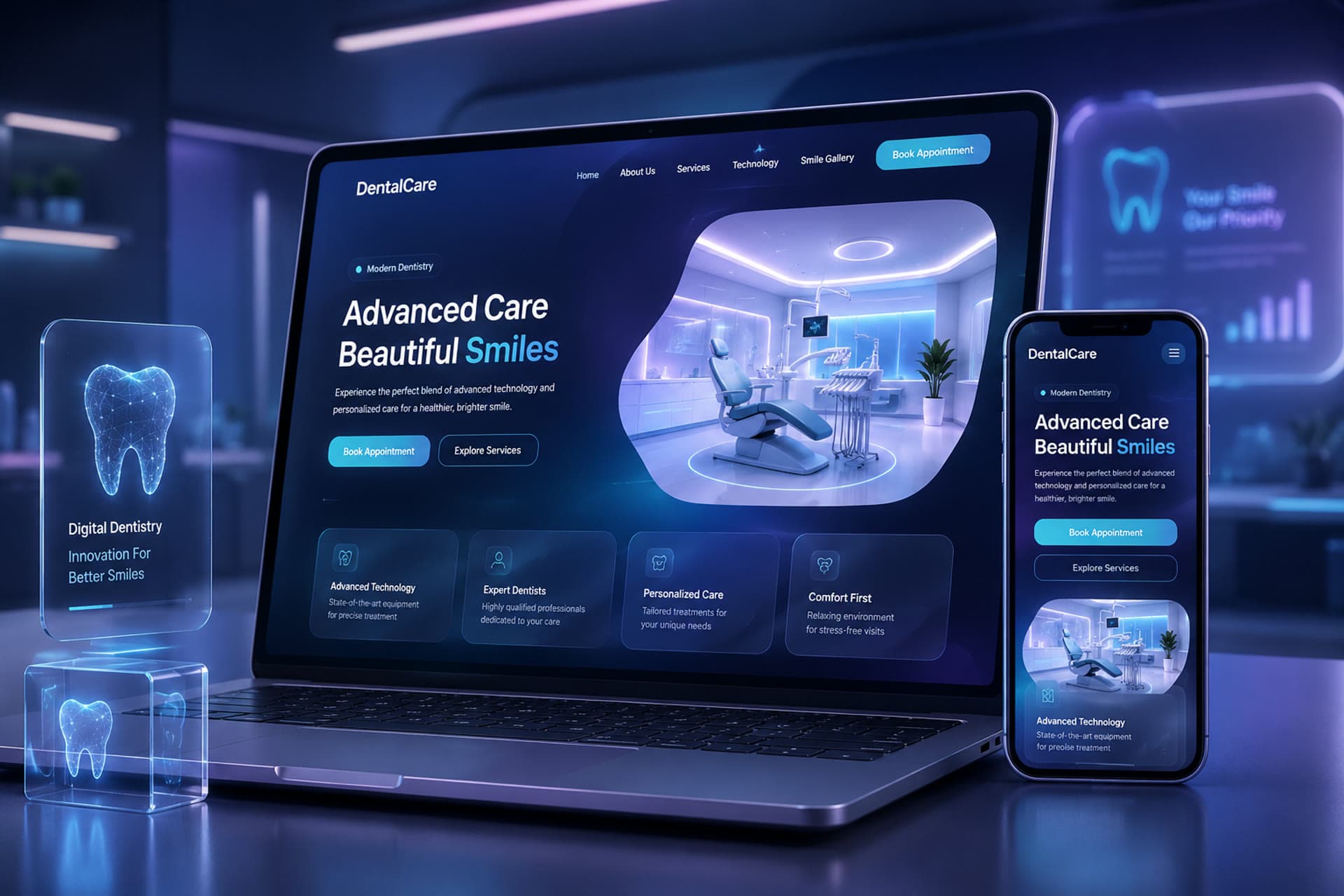 Modern dental website displayed across laptop and mobile screens in a digital dental studio