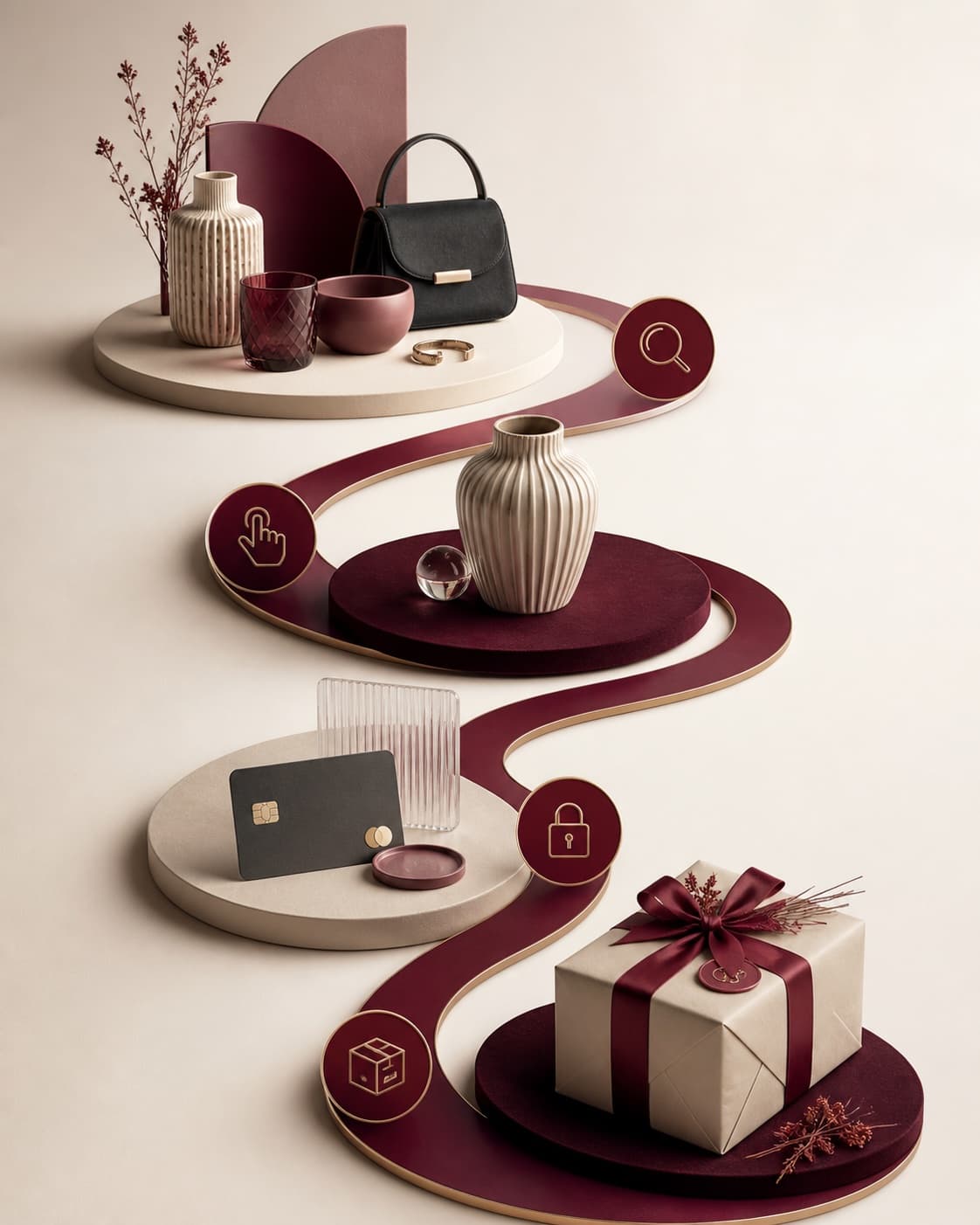 An elegant product journey moving from discovery through secure payment to fulfilment