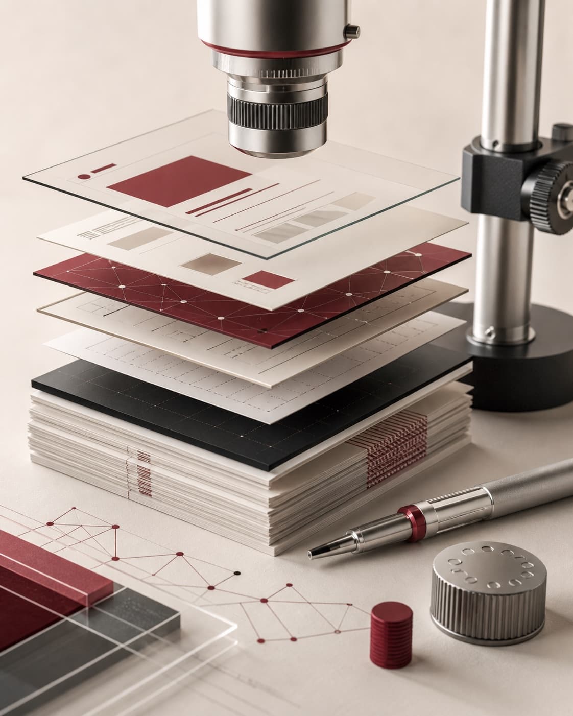 Layered web pages under a precision inspection instrument for technical SEO analysis