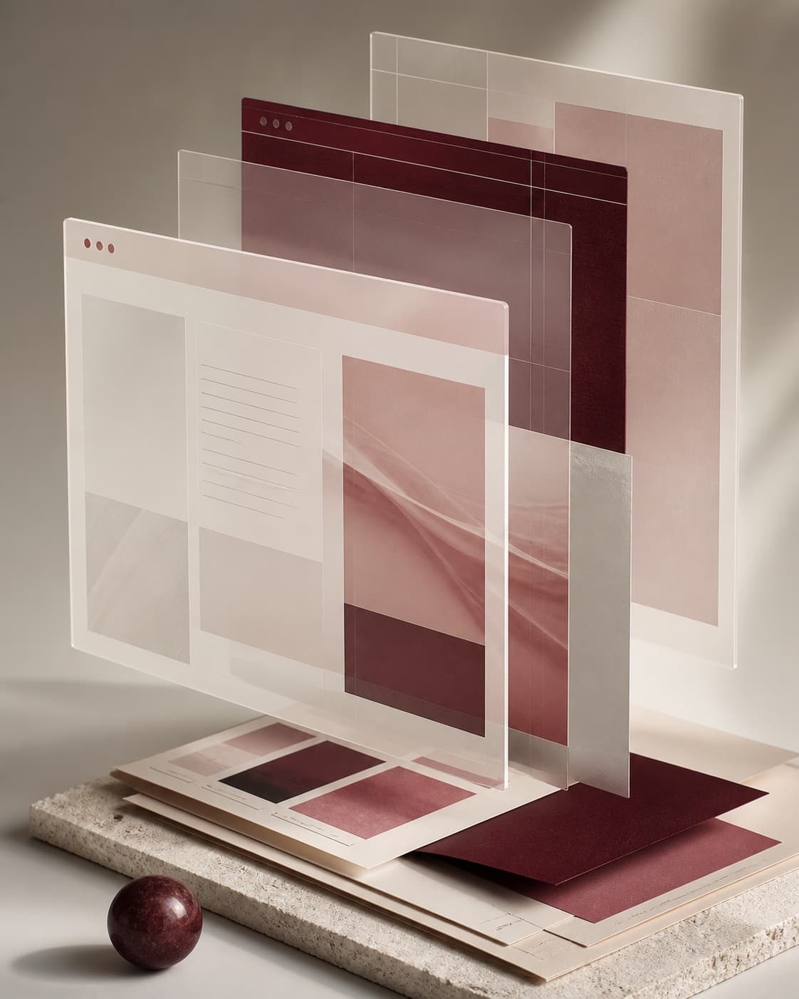 Layered responsive website layouts represented as translucent editorial panels