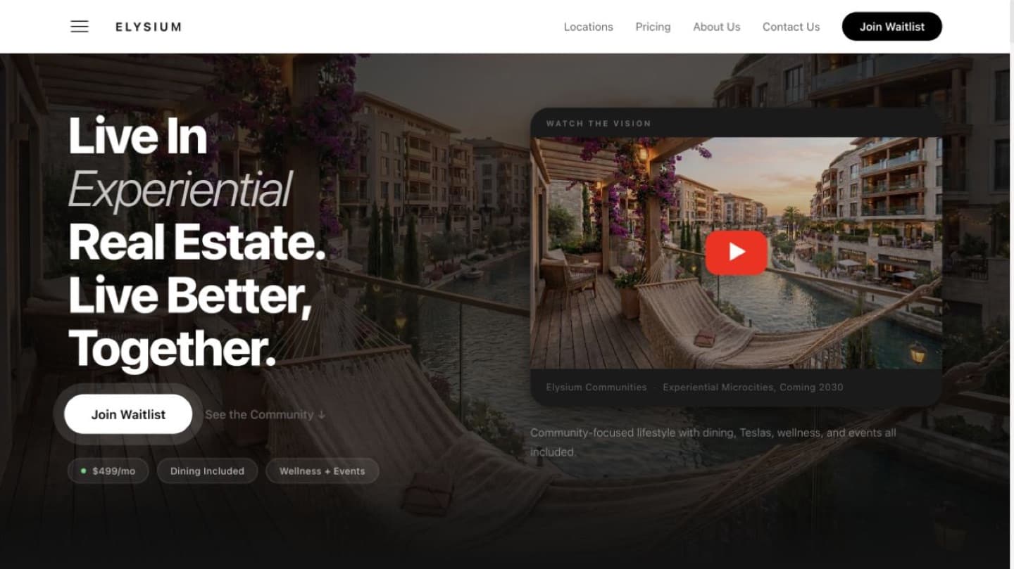 Elysium Experiential Real Estate website homepage preview
