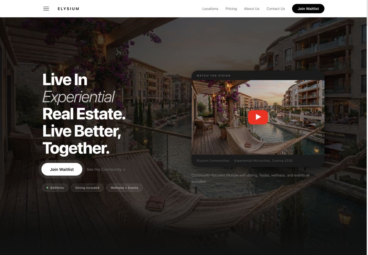 Elysium Experiential Real Estate website homepage
